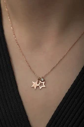925 Ayar Minimal Çift Yıldız Kolye Kadın Gümüş Kolye thumbnail 2