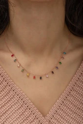 925 Ayar Sıralı Damla Mix Taşlı Kadın Gümüş Kolye thumbnail 2