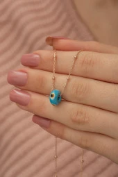 925 Ayar Nazar Cam Mavi Boncuk Toplu Zincir Kadın Gümüş Kolye thumbnail 2