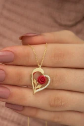 925 Ayar Gold Kırmızı Gül Kalp Kadın Gümüş Kolye thumbnail 1