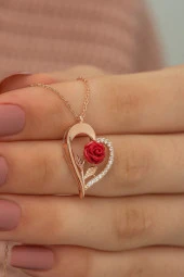 925 Ayar Rose Kırmızı Gül Kalp Kadın Gümüş Kolye thumbnail 2