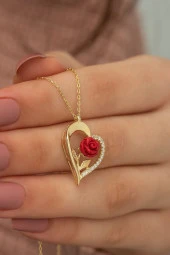 925 Ayar Gold Kırmızı Gül Kalp Kadın Gümüş Kolye thumbnail 2