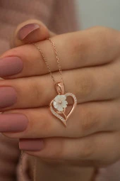 925 Ayar Manolya Çiçeği Kalp Kadın Gümüş Kolye thumbnail 2