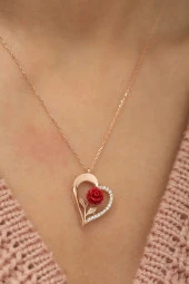 925 Ayar Rose Kırmızı Gül Kalp Kadın Gümüş Kolye thumbnail 3