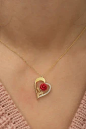 925 Ayar Gold Kırmızı Gül Kalp Kadın Gümüş Kolye thumbnail 3