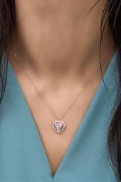 925 Ayar Gümüş Pembe Taşlı Kalp Model Kolye thumbnail 2