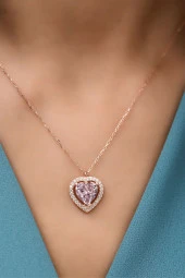 925 Ayar Gümüş Pembe Taşlı Kalp Model Kolye thumbnail 3