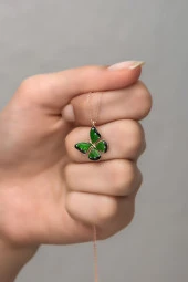 925 Ayar Gümüş Mineli Yeşil Kelebek Kolye thumbnail 1