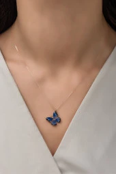 925 Ayar Gümüş Mineli Mavi Kelebek Kolye thumbnail 1