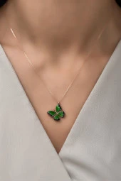 925 Ayar Gümüş Mineli Yeşil Kelebek Kolye thumbnail 2