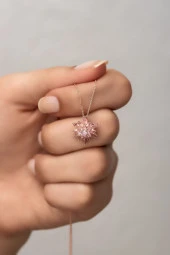 925 Ayar Gümüş 4 Katman Pembe Lotus Çiçeği  Kolye - 1