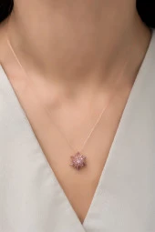 925 Ayar Gümüş 4 Katman Pembe Lotus Çiçeği  Kolye - 2