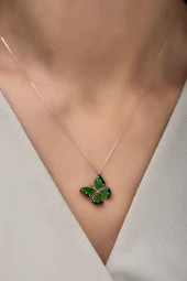 925 Ayar Gümüş Mineli Yeşil Kelebek Kolye thumbnail 3