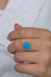 925 Ayar Gümüş Mavi Firuze Taşlı Yonca Kolye thumbnail 1