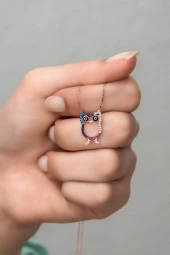 925 Ayar Gümüş Mix Taşlı Baykuş Kolye thumbnail 2