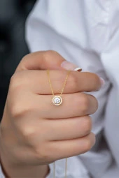 925 Ayar Gümüş Gold Elmas Montür Tektaş Kolye - 1