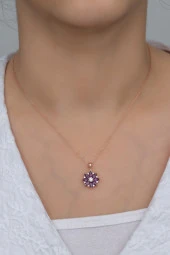 925 Ayar Gümüş Mor Taşlı Lotus Çiçeği Kolye thumbnail 2