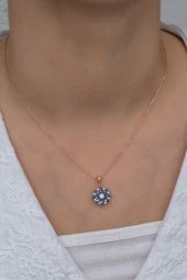 925 Ayar Gümüş Aquamarin Taşlı Lotus Çiçeği Kolye thumbnail 2