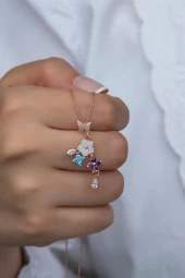 925 Ayar Gümüş Kelebek ve Yonca Bahar Çiçeği Manolya Kolye thumbnail 1