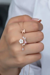 925 Ayar Gümüş Pembe Taşlı Kelebek Manolya Çiçeği Kolye thumbnail 1