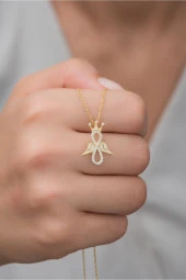 925 Ayar Gümüş Gold Kanatlı Sonsuzluk Kral Tacı Kolye thumbnail 1