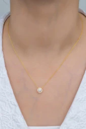 925 Ayar Gümüş Gold Elmas Montür Tektaş Kolye - 2