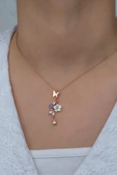 925 Ayar Gümüş Kelebek Bahar Çiçeği Manolya Kolye thumbnail 2