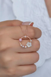 925 Ayar Gümüş Pembe Taşlı Daire Manolya Çiçeği Kolye thumbnail 2
