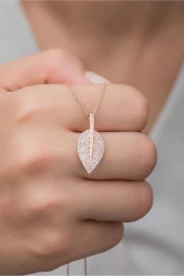 925 Ayar Gümüş Rose Zirkon Taşlı Yaprak Kolye thumbnail 1
