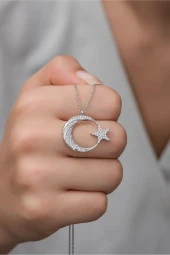 925 Ayar Gümüş Beyaz Zirkon Taşlı Ayyıldız Kolye thumbnail 1