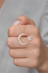 925 Ayar Gümüş Rose Zirkon Taşlı Ayyıldız Kolye thumbnail 1