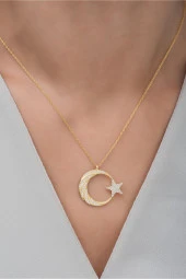 925 Ayar Gümüş Gold Zirkon Taşlı Ayyıldız Kolye thumbnail 2