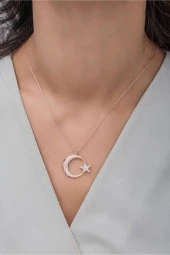925 Ayar Gümüş Rose Zirkon Taşlı Ayyıldız Kolye thumbnail 2