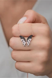 925 Ayar Gümüş Benekli Model Kelebek Kolye thumbnail 2