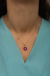 925 Ayar Gümüş Kırmızı Taşlı Lotus Çiçeği Kolye thumbnail 2