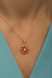 925 Ayar Gümüş Turuncu Taşlı Lotus Çiçeği Kolye thumbnail 2