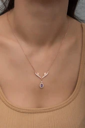 925 Ayar Gümüş Mor Damla Tasarım Taşlı Kolye thumbnail 1