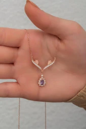 925 Ayar Gümüş Mor Damla Tasarım Taşlı Kolye thumbnail 2
