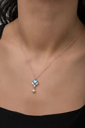 925 Ayar Gümüş İnci Detay Aquamarin Taşlı Kalp Kolye thumbnail 1