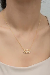 925 Ayar Gümüş Gold Zirkon Taşlı Lotus Çiçeği Kolye - 1