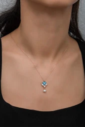 925 Ayar Gümüş İnci Detay Aquamarin Taşlı Kalp Kolye thumbnail 2