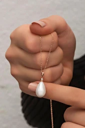 925 Ayar Gümüş Damla Model Beyaz Barok İnci Kolye thumbnail 1