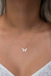 925 Ayar Gümüş Rose Zirkon Taşlı Kelebek Model Kolye - 1