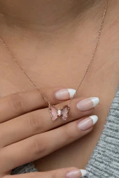 925 Ayar Gümüş Pembe Zirkon Taşlı Kelebek Kolye thumbnail 1
