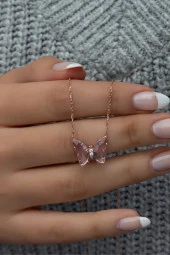925 Ayar Gümüş Pembe Zirkon Taşlı Kelebek Kolye thumbnail 2