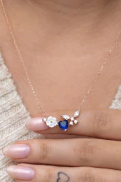 925 Ayar Gümüş Manolya Çiçeği Mavi Taşlı Kalp Yusufcuk Kolye thumbnail 1