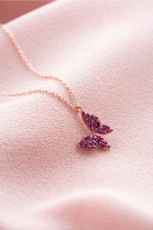 925 Ayar Gümüş Rose Pembe Taşlı Minik Kelebek Kolye - 1