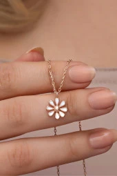 925 Ayar Gümüş Rose Kaplama Minimal Mineli Papatya Kolye thumbnail 1