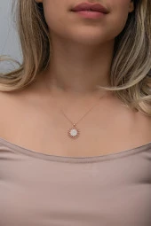 925 Ayar Gümüş Rose Kaplama Zirkon Taşlı Güneş Model Kolye thumbnail 2