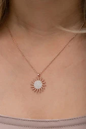 925 Ayar Gümüş Rose Kaplama Zirkon Taşlı Güneş Model Kolye thumbnail 3